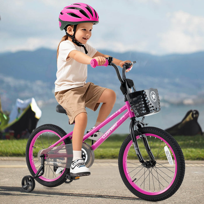 Costway 18" Kid's Bike With Training Wheels Adjustable Handlebar & Seat Handbrake Pink