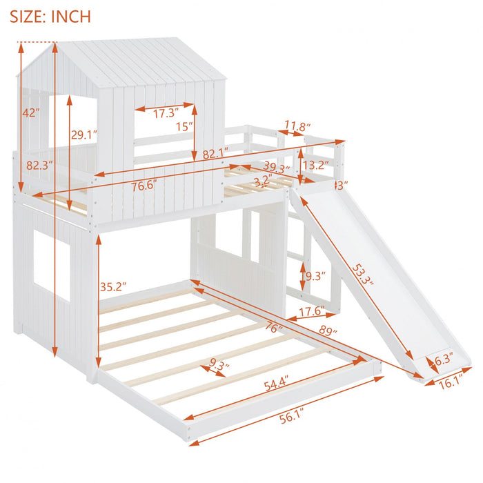 Marico Twin Over Solid Wood Full Bunk Bed With Slide, Playhouse Design - White 