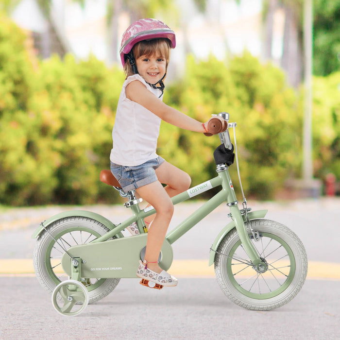 Costway 12" Kids Bike With Adjustable Saddle Handlebar Removable Training Wheels Handbrake Green