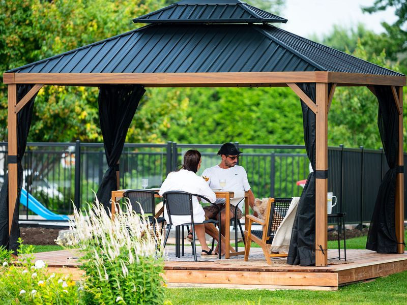 Yosemite 12 X 16' Double Roof Galvanized Steel Roof, Aluminum Posts Wood Finish