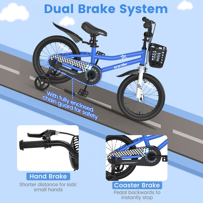 Costway 16" Kid's Bike With Removable Training Wheels & Basket For 4-7 Years Old Blue