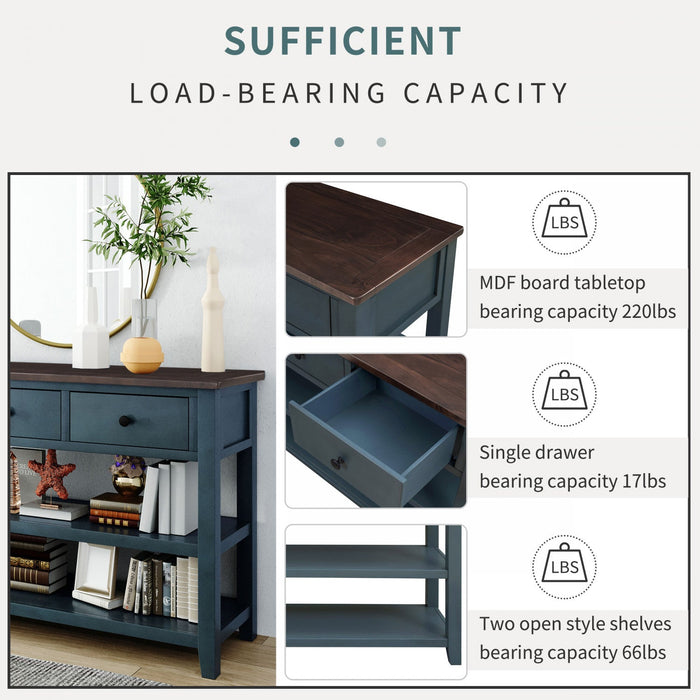 Wendy Solid Wood Console Table With 3 Drawers And 2 Open Shelves,navy Blue Accent Cabinet 