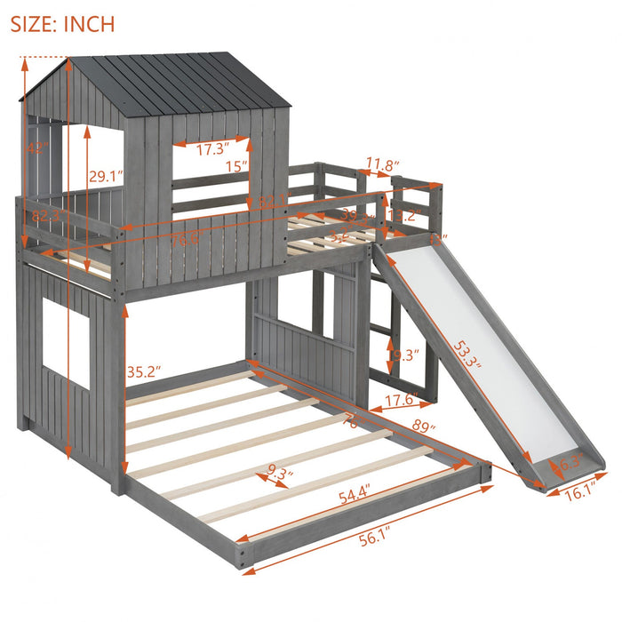 Marico Twin Over Solid Wood Full Bunk Bed With Slide, Playhouse Design - Antique Grey 