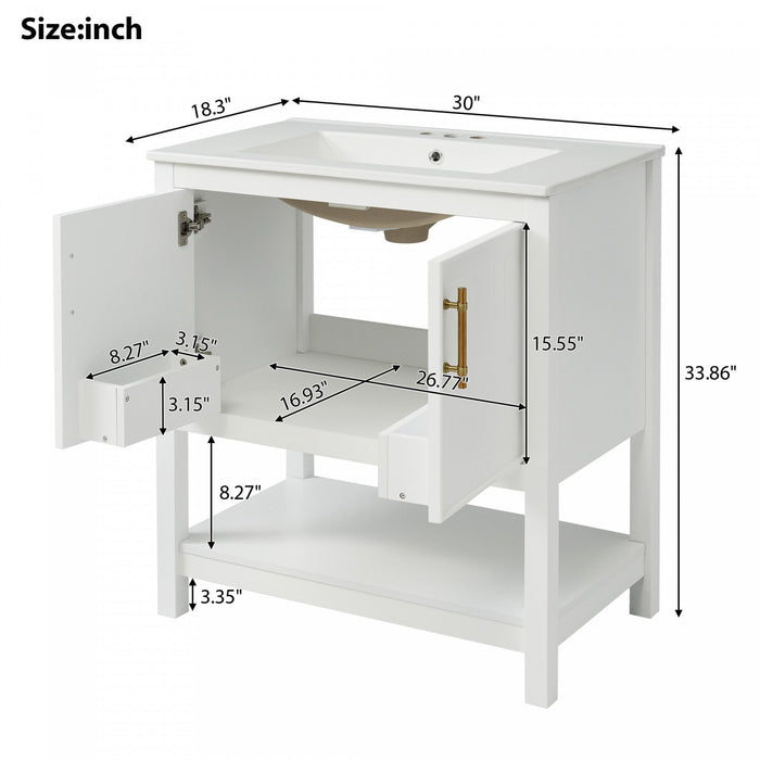Simona 30\" Solid Wood Bathroom Vanity With Ceramic Sink And Storage - White 