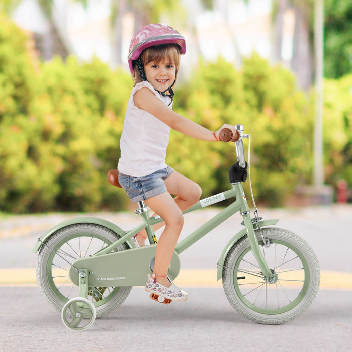 Costway 14" Kids Bike With Adjustable Saddle Handlebar Removable Training Wheels Handbrake Green
