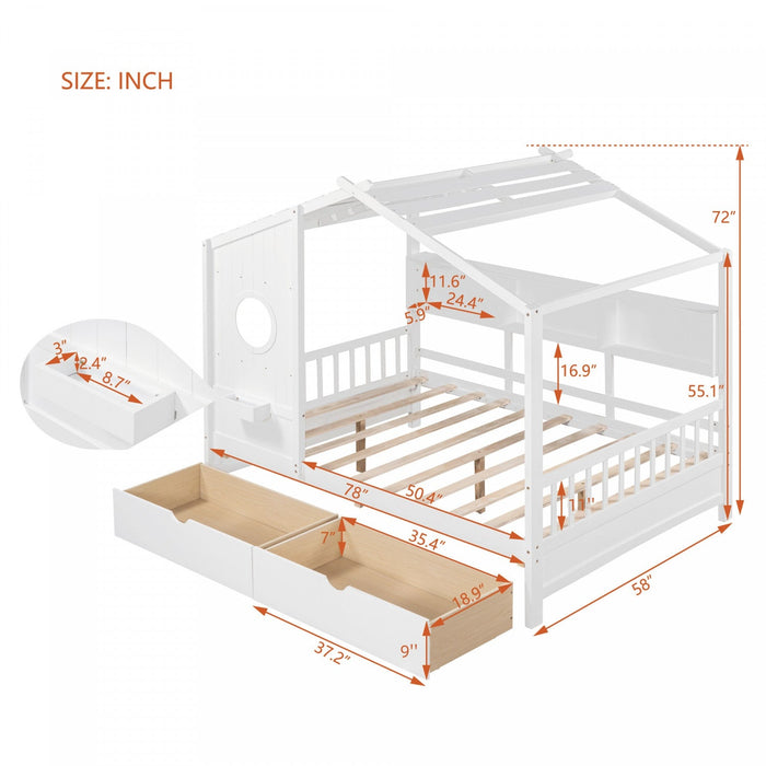 Jeames Wood House Bed with 2 Storage Drawers and Shelf, Full Size - White 