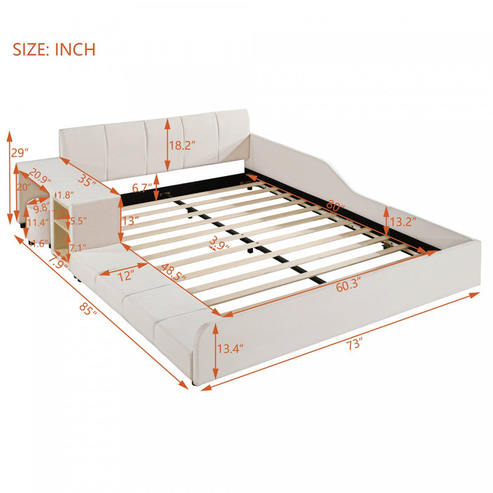 Lily Velvet Upholstered Grounded Bed with Desk and Stool,Queen Size,Beige Queen Bed  