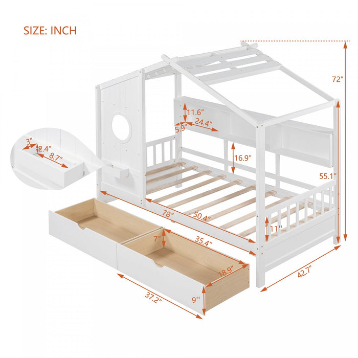 Jeames Wood House Bed with 2 Storage Drawers and Shelf,Twin Size - White 