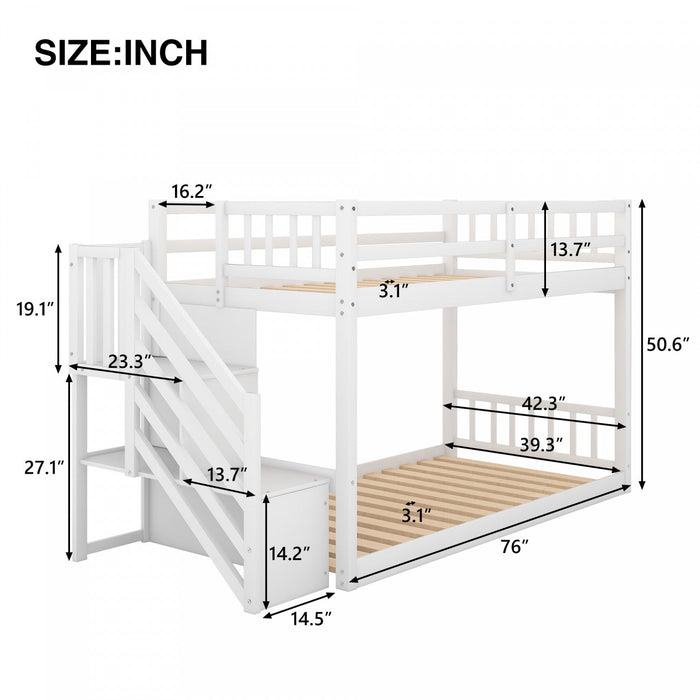 Joanna Twin Floor Solid Wood Bunk Bed With Storage Ladder, Low Height Design - White 