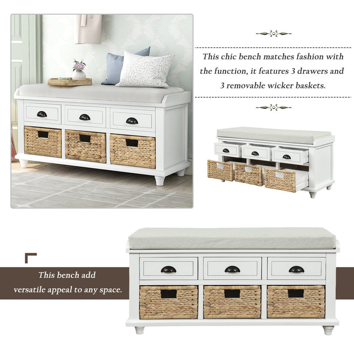 Harvey Solid Wood Storage Bench With Drawers And Rattan Baskets - White 