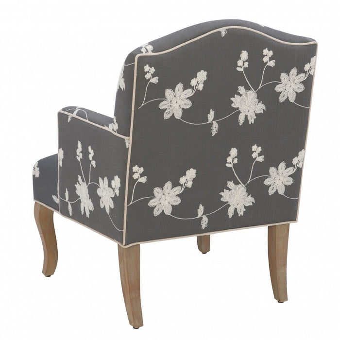 Kenna Embroidered Linen-Look Fabric Floral  Accent Chair - Grey