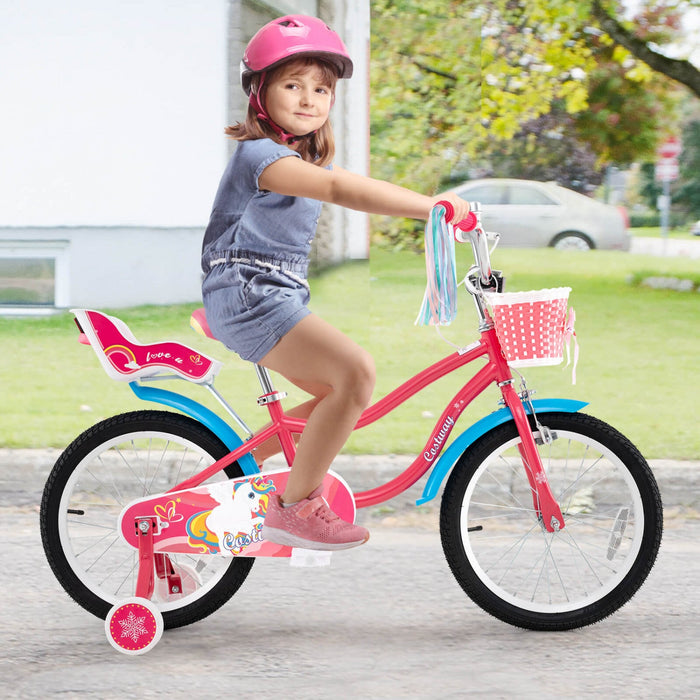 Costway 18" Kids Bike For 4-8 Years Old With Basket Doll Seat & Colorful Streamers Kickstand Pink