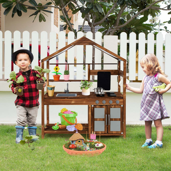 Costway Wooden Mud Kitchen With Chalkboard, Stoves, Removable Sink & Accessories Natural