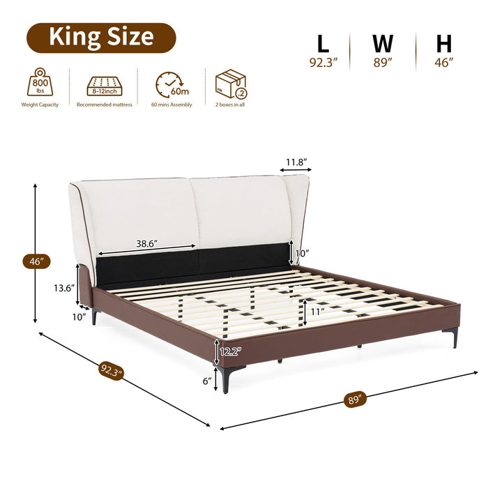 Ava Teddy Fleece Platform Bed with Wingback Headboard and Faux Upholstered, King Size, White King Bed  