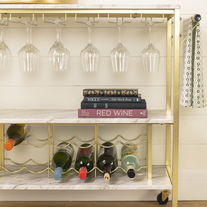 Maliza Bar Cart With Wine Bottle Storage And Wine Glass Rack - Faux Carrara Marble And Gold 