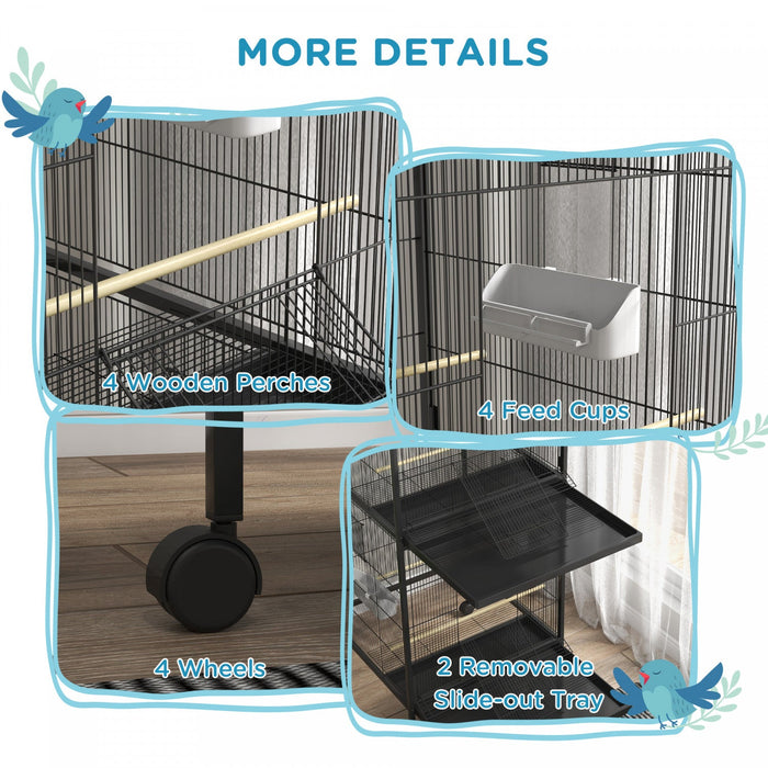 Pawhut Wrought Metal Bird Cage Feeder With Rolling Stand Perches Food Containers Doors Wheels 67\" H,