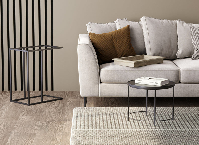 C-Shaped End Table With Sunkey Track - Brown Breech Wood With Black Metal 