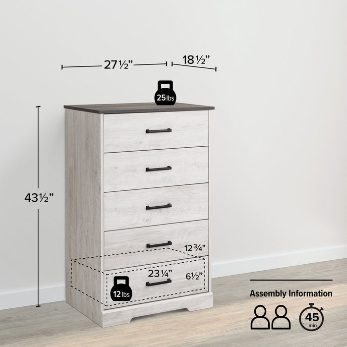 Prepac Rustic Ridge 27.5\" 5-Drawer Chest - Washed White