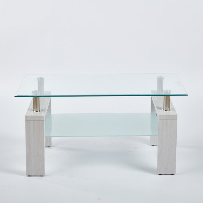 Lucius Modern Geometric Design Tempered Glass Coffee Tablewith Metal Frame and Clear Glass,White  