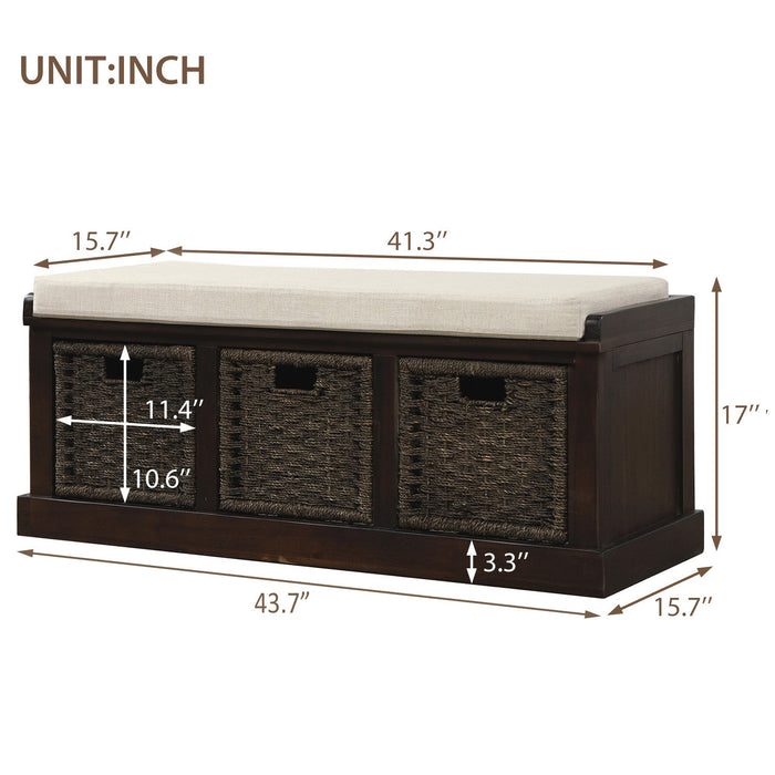 Leif Solid Wood And Rattan Baskets Storage Bench With Cushioned Seat - Espresso 