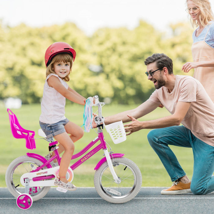 Costway 14" Kids Bike With Training Wheels Doll Seat Basket Streamers Hand Brake Pink