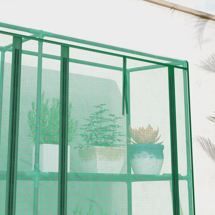 Outsunny Lean-to Mini Greenhouse W/ 3 Tier Shelves, 3 Roll-up Doors, Green