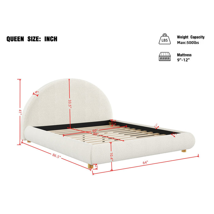 Harold Platform Bed with Boucle Upholstered Round Curved Headboard and Low-Profile Frame,Queen Size,White Queen Bed  