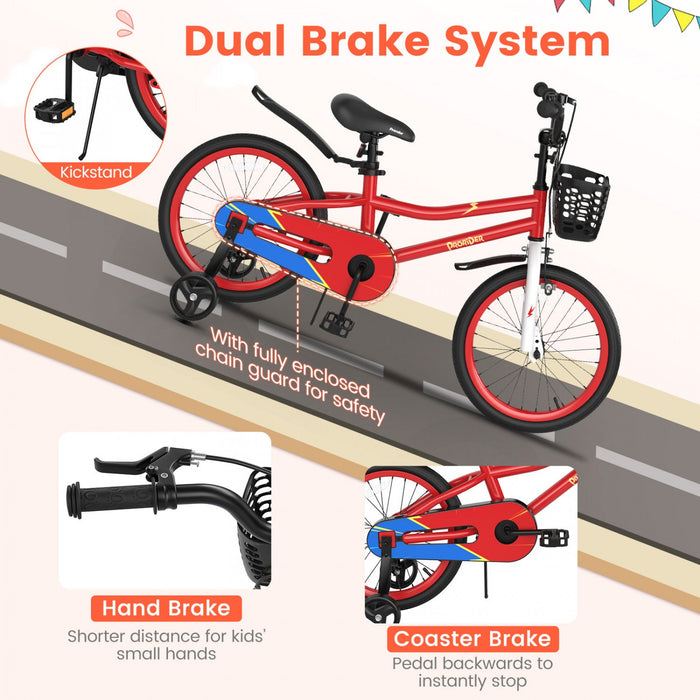 Costway 18" Kid's Bike With Removable Training Wheels & Basket For 4-8 Years Old Red