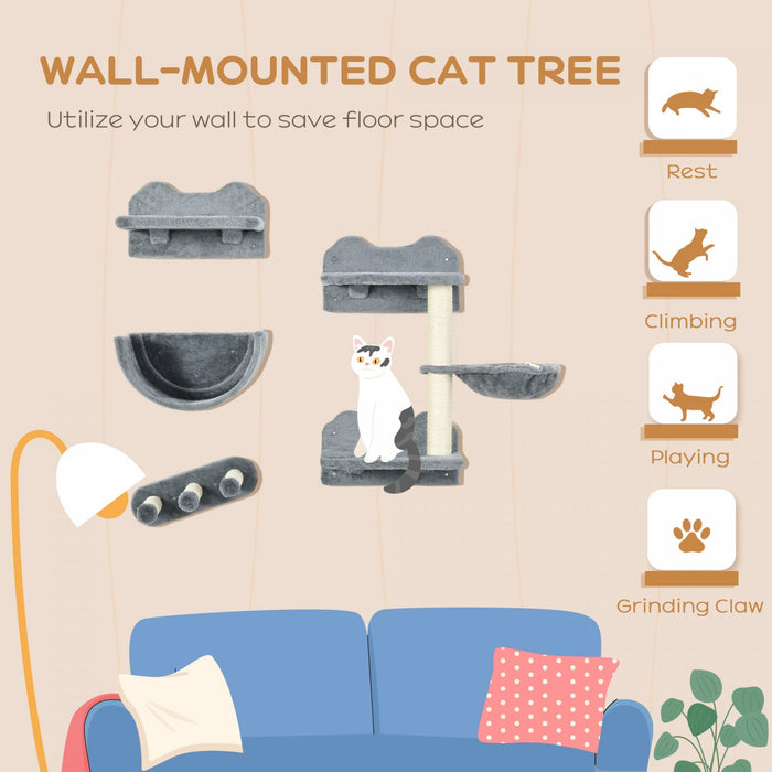 Pawhut Cat Wall Climber With Hammock, Scratching Post, 3 Steps, Jumping Platforms, Cat Wall Shelves 