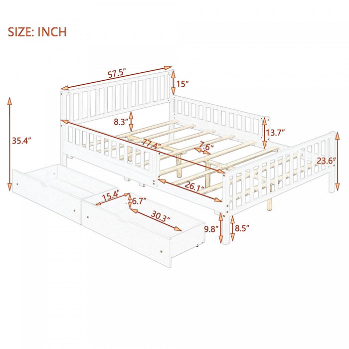 Emma Wood Platform Bed with Guardrails and Storage Drawers,Full Size - Grey 