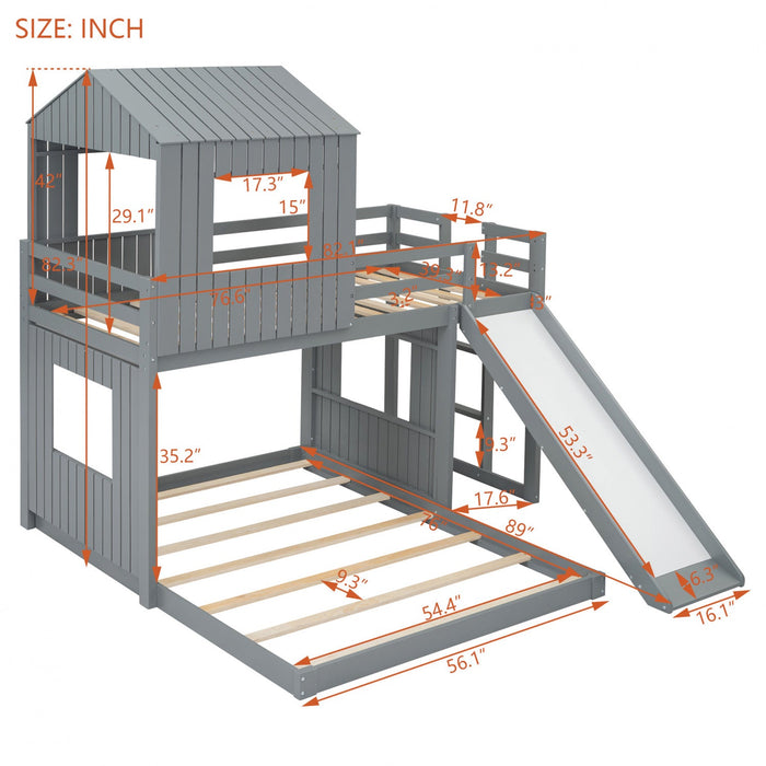 Marico Twin Over Solid Wood Full Bunk Bed With Slide, Playhouse Design - Grey 