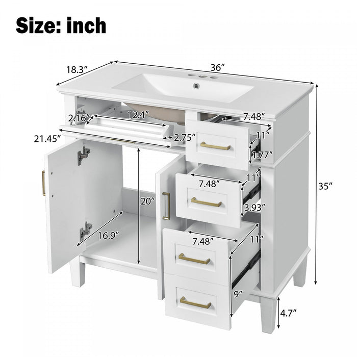 Michael 36\" Bathroom Vanity With Ceramic Sink, Soft-close Doors, And Four Storage Drawers - White 