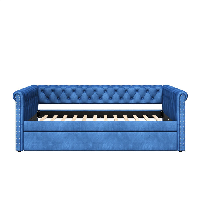 Sophia Tufted Design Upholstered Daybed with Trundle and Comfortable Backrest,Blue  