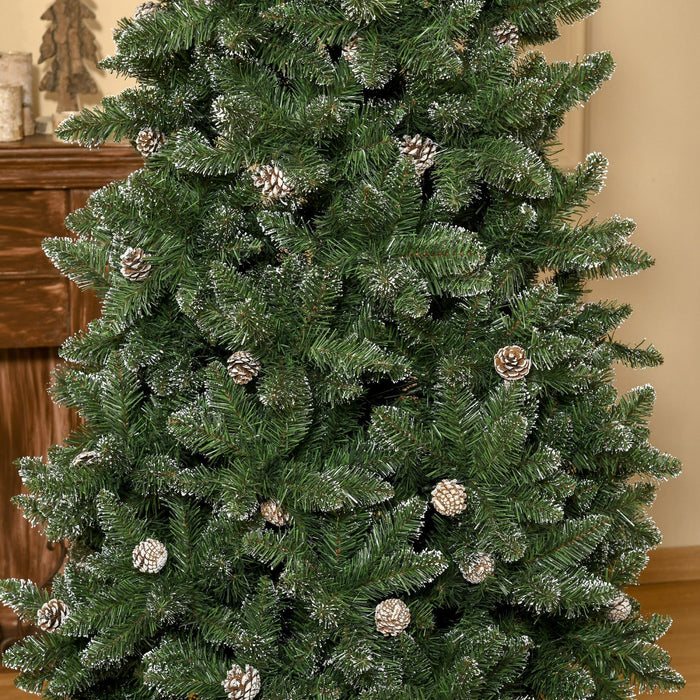 Homcom 7.5ft Flocked Christmas Tree With Pine Cones And Metal Base, Green