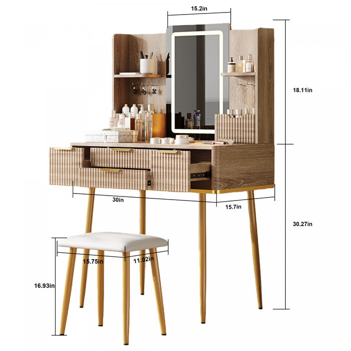 Isabella 4-Drawer Vanity Table Set with LED Mirror and Metal Legs,Yellow Brown Mirror Cabinet  