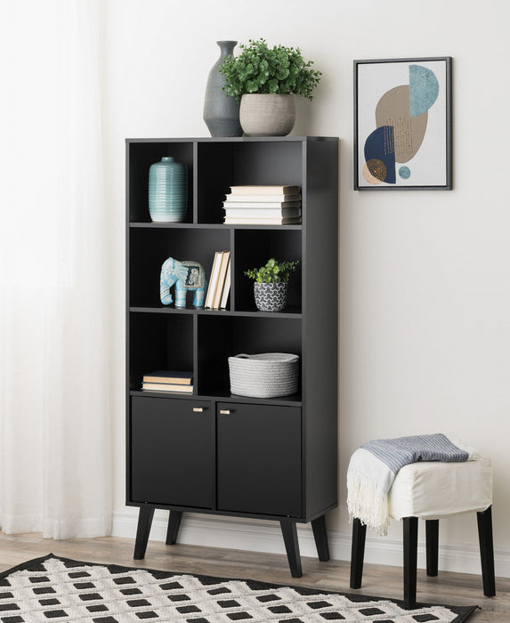 Milo Mid-Century Modern Bookcase with 6 Shelves, 2 Doors & Brushed Brass-Finished Knobs - Black