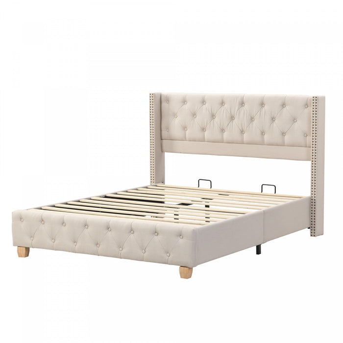 Haley Linen Upholstered Platform Bed with Classic Wingback Headboard and Diamond Tufted Upholstery,Queen Size,Beige Queen Bed  