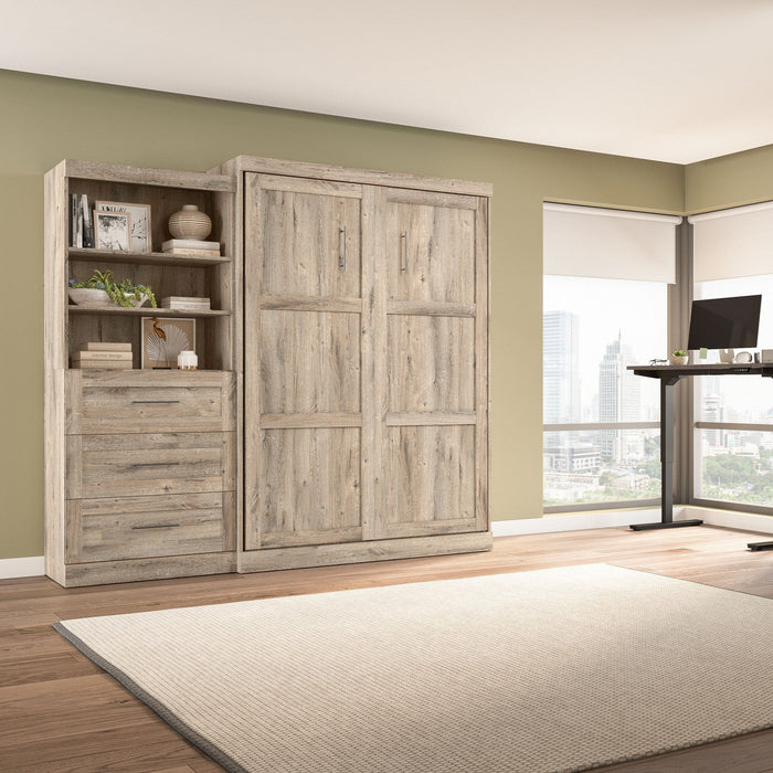 Bestar Pur Queen Murphy Bed and Shelving Unit with Drawers 101-Inch Wall Bed - Rustic Brown