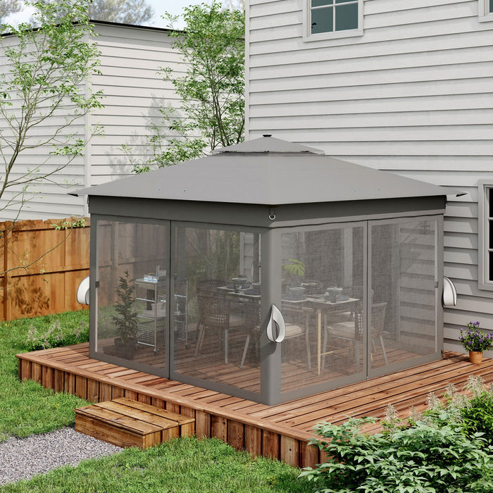 Outsunny 11x11ft Pop Up Canopy Tent With Curtains, Netting, 20 Solar-powered LED Lights, Roller Bag,