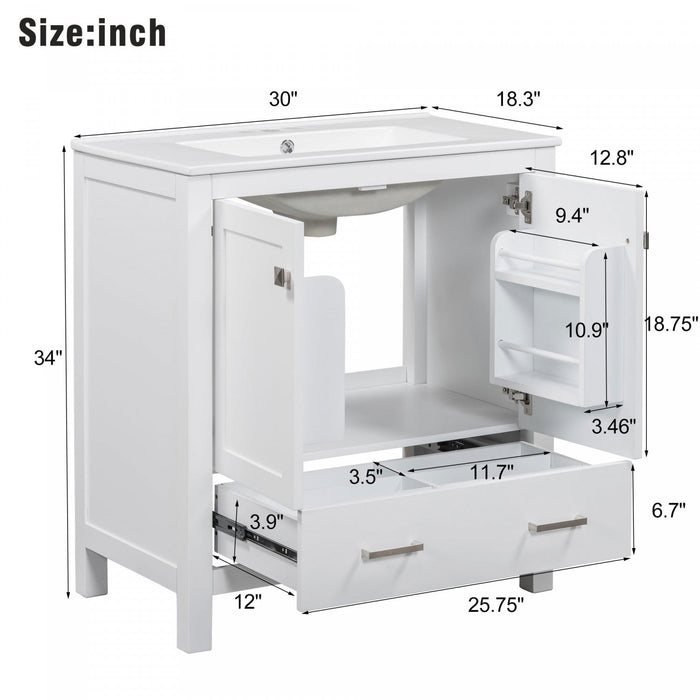 Erica 30\" Solid Wood Bathroom Vanity With Single Ceramic Sink - White 