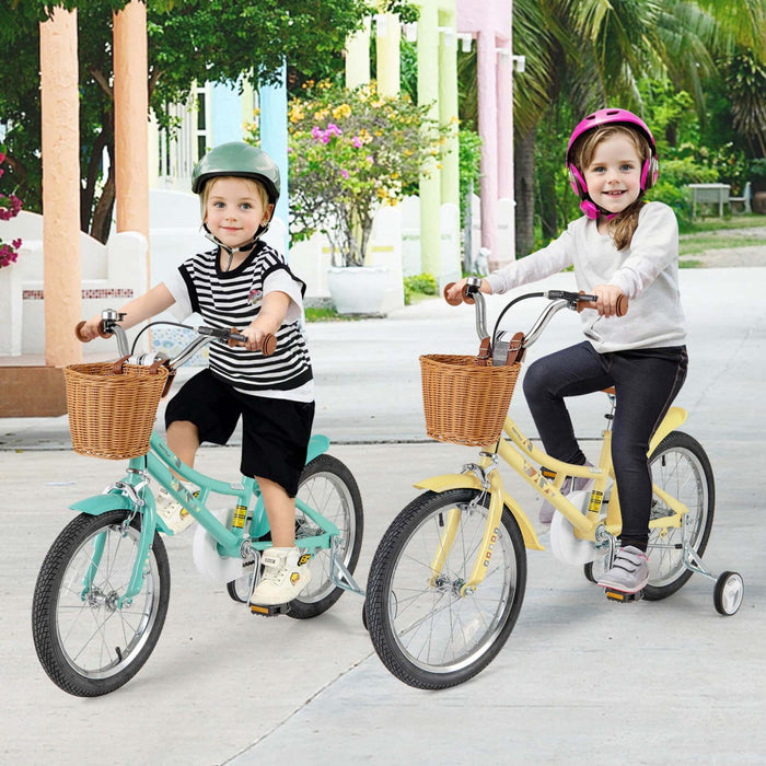 Costway 18" Kids Bike With Height Adjustable Handlebar Seat Basket Bell Training Wheels Yellow