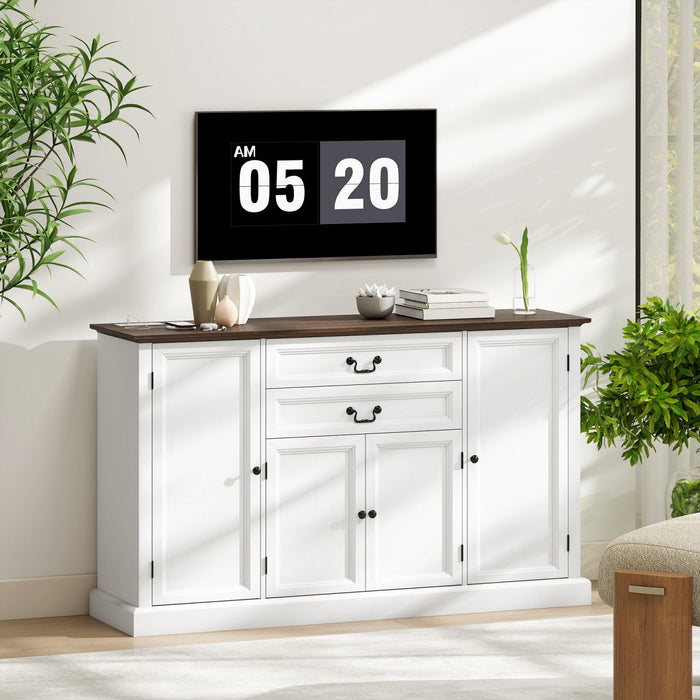 HOMCOM 58" Farmhouse Sideboard Buffet Cabinet with Charging Station White
