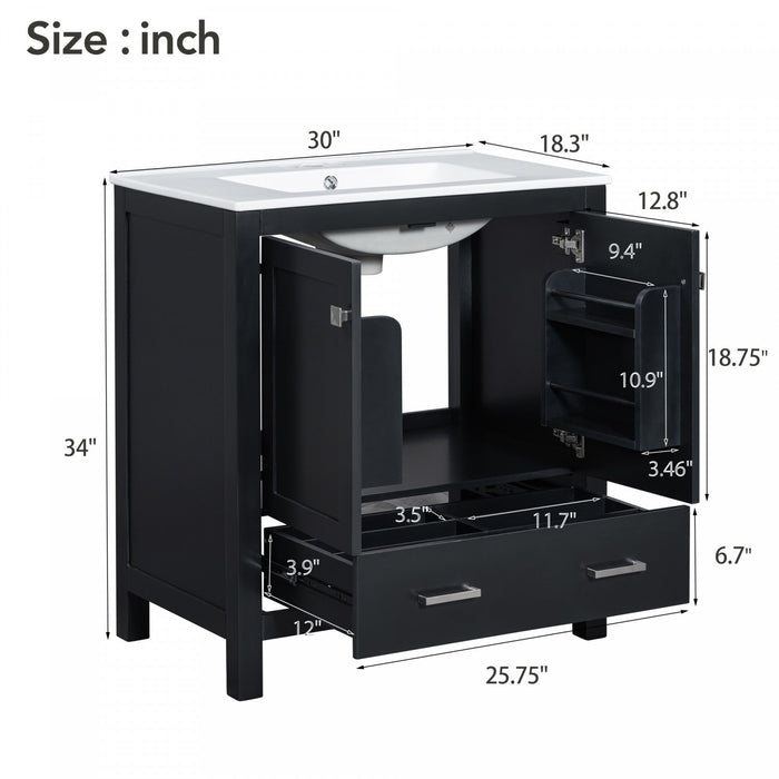 Erica 30\" Solid Wood Bathroom Vanity With Single Ceramic Sink - Black 