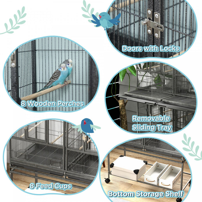 Pawhut 61 Inch Large Double Rolling Metal Bird Cage Bird House With Removable Metal Tray, Storage Sh