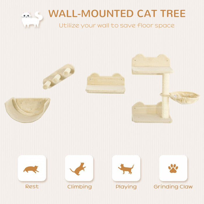 Pawhut Cat Wall Climber With Hammock, Scratching Post, 3 Steps, Jumping Platforms, Cat Wall Shelves 