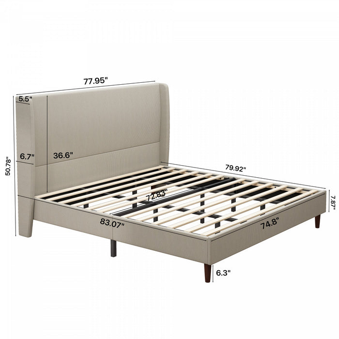 Harper Upholstered King Bed Frame with High Headboard, Linen Fabric - Beige 