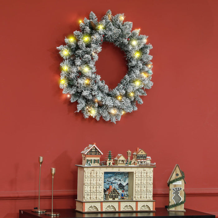 Homcom 24\" Pre-lit Christmas Wreath With Pine Cones And Red Berries Green