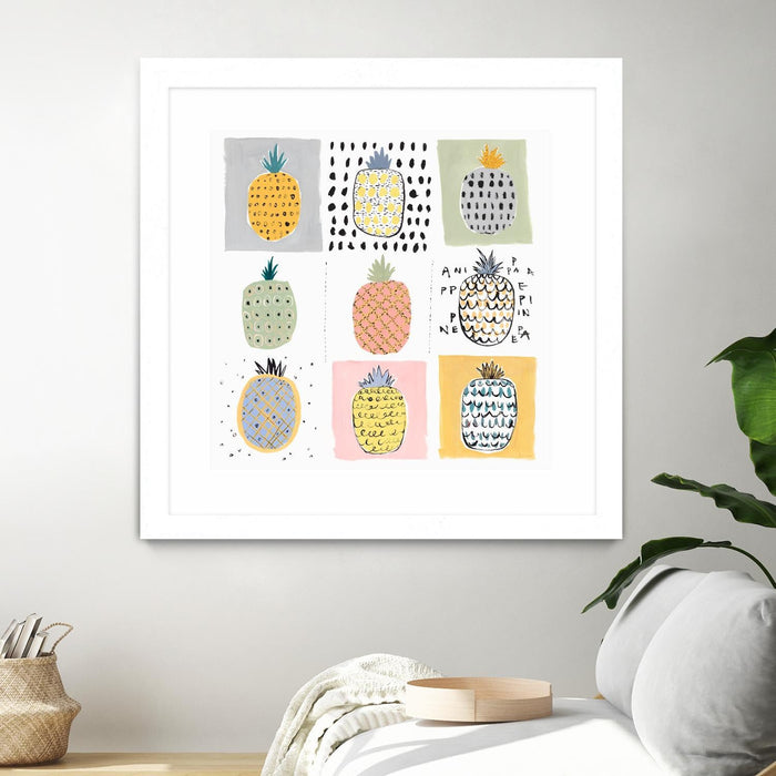 \"Nine Pineapples\" Matted and Framed White 36x36 Wall Art