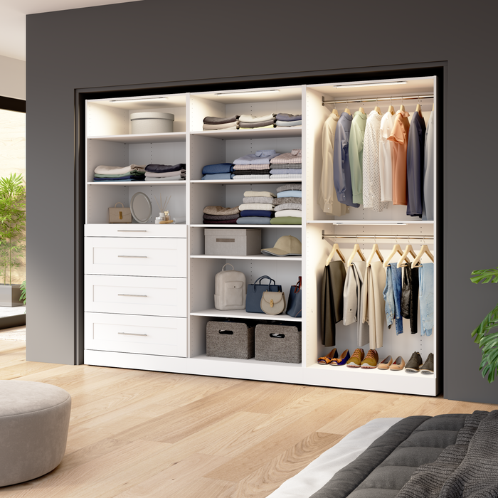 Bestar Florence 107\" Modular Walk-In Closet System with LED Lights, Rods, Shelves and Drawers Shaker