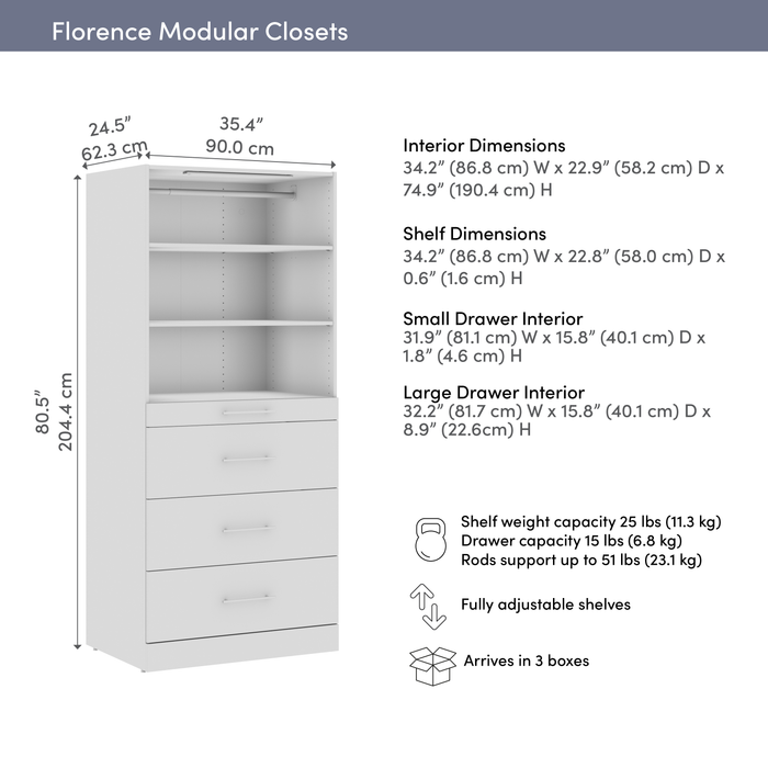 Bestar Florence 36\" Modular Reach-In/Walk-In Closet System Tower with LED Light, Shelves and 4 Drawe